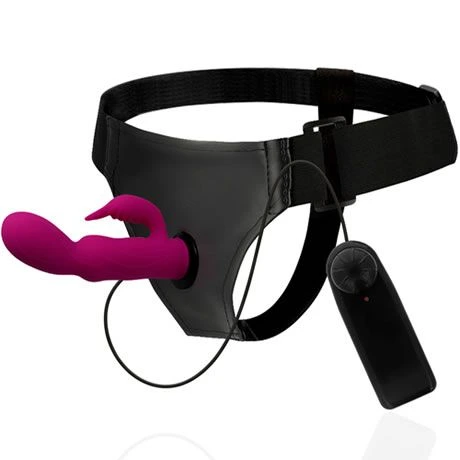 arnés con conejito rampante rosa y vibración vicent 15 cm