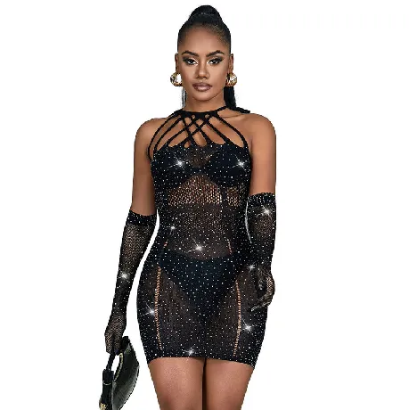 vestido sexy de rejilla con brillantes negro