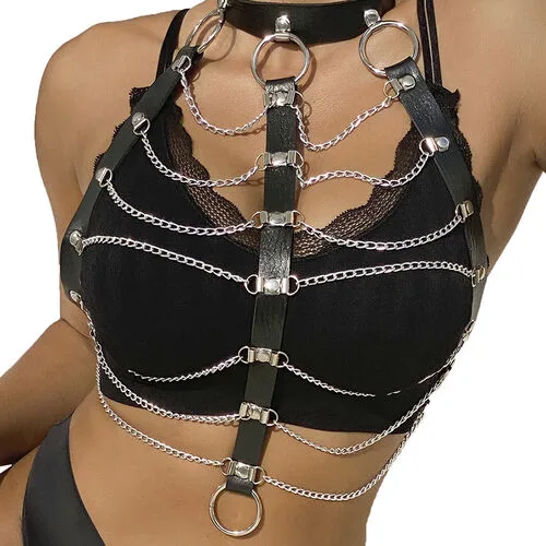Arnés Bdsm de Pecho con Cadenas Cuero Negro Sublime