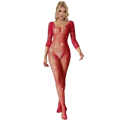 catsuit bodystocking de rejilla con diamantes rojo
