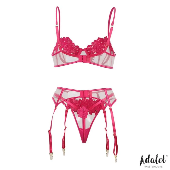Conjunto Mujer Sujetador Tanga Y Liguero Con Flores Fuchsia - detalle 3