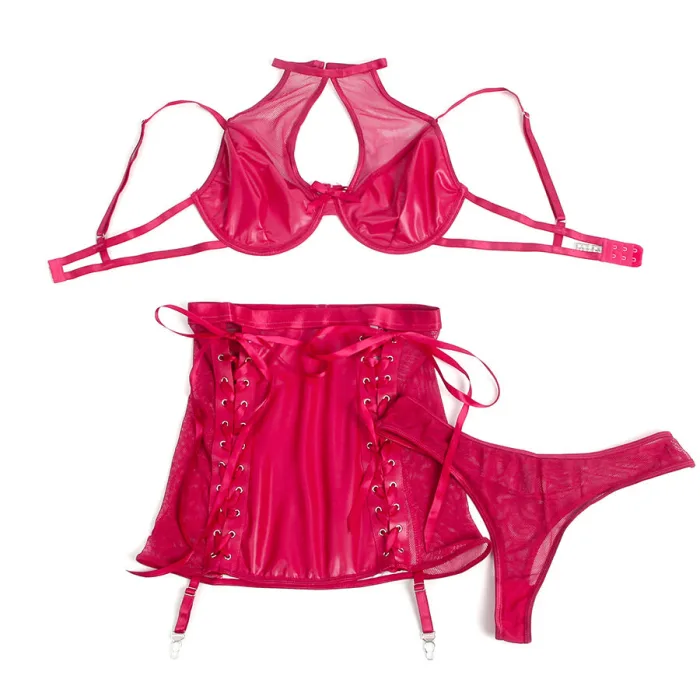 CONJUNTO SUJETADOR Y FALDA DE CUERO ROJO - detalle 5