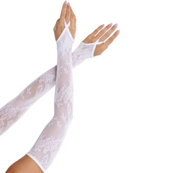 GUANTES EXTRALARGOS CALIENTABRAZOS DE ENCAJE FLORAL BLANCO