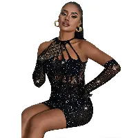 vestido sexy de rejilla con brillantes negro - detalle 3