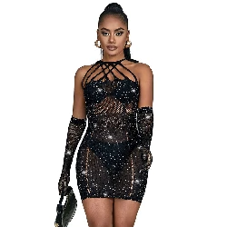 vestido sexy de rejilla con brillantes negro